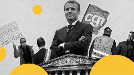 Tout au long de son quinquennat, Emmanuel Macron a noué une relation ambivalente avec les corps intermédiaires. (PIERRE-ALBERT JOSSERAND / FRANCEINFO)