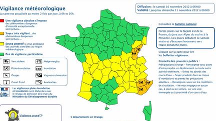 Capture d'&eacute;cran de la carte de vigilance de M&eacute;t&eacute;o France le 10 novembre 2012. (FRANCETV INFO )