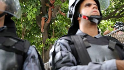 Un indig&egrave;ne manifeste grimp&eacute; dans un arbre devant le mus&eacute;e des Indiens &agrave; Rio de Janeiro (Br&eacute;sil), le 16 d&eacute;cembre 2013. (TASSO MARCELO / AFP)