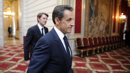 Nicolas Sarkozy et l'ancien ministre de l'Economie, Fran&ccedil;ois Baroin, le 26 septembre 2011 au palais de l'Elys&eacute;e. (ERIC FEFERBERG / POOL / AFP)