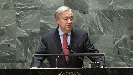 Antonio Guterres s'exprime depuis le siège des Nations Unies à New York, le 22 septembre 2021. (POOL / GETTY IMAGES NORTH AMERICA / AFP)