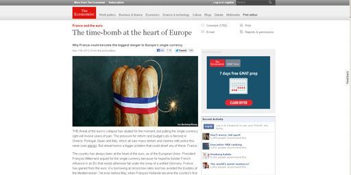 La France, «bombe à retardement au coeur de l'Europe»: titre d'un article, paru le 17 novembre 2012 dans The Economist, qui reflète l'opinion des milieux d'affaires internationaux. Un article qui a fait beaucoup de bruit... (DR)