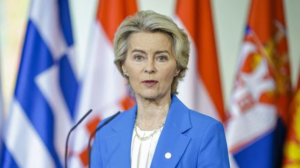 la présidente de la Comission européenne, Ursula von der Leyen, le 14 octobre 2024. (THOMAS IMO / PHOTOTHEK MEDIA LAB / AFP)