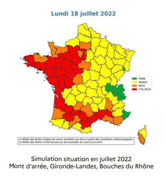 Simulation de la "météo des forêts" pour la date du 18 juillet 2022. (METEO FRANCE / MINISTERE DE LA TRANSITION ECOLOGIQUE ET DE LA COHESION DES TERRITOIRES)