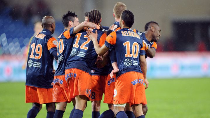 La joie des joueurs de Montpellier, vainqueurs de Valenciennes 3-1, le 6 avril 2013.&nbsp; (PASCAL GUYOT / AFP)