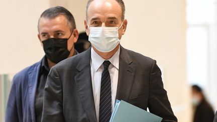 Jean-François Copé&nbsp;(Les Républicains) arrive au procès Bygmalion, au tribunal judiciaire de Paris, le 9 juin 2021. (BERTRAND GUAY / AFP)