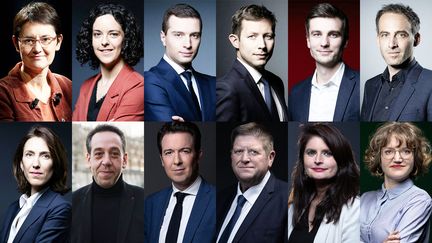 Les têtes de liste et candidats invités de "Demain l'Europe" : Nathalie Arthaud, Manon Aubry, Jordan Bardella, François-Xavier Bellamy, Léon Deffontaines, Raphaël Glucksmann, Valérie Hayer, Guillaume Lacroix, Guillaume Peltier, Willy Schraen, Hélène Thouy, Marie Toussaint. (JOEL SAGET/AFP - OLIVIER CORSAN/MAXPPP)