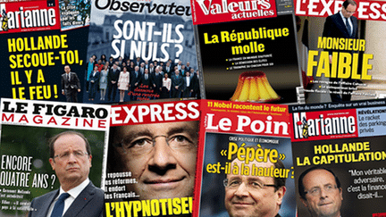 Plusieurs unes de magazines, publi&eacute;es durant la premi&egrave;re ann&eacute;e de Fran&ccedil;ois Hollande &agrave; l'Elys&eacute;e. (FRANCETV INFO)