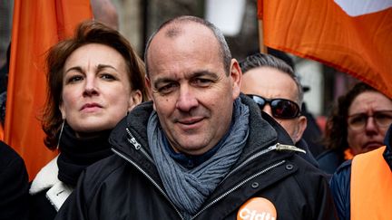 Le secrétaire général de la CFDT, Laurent Berger, lors d'une manifestation à Paris contre la réforme des retraites, le 11 mars 2023. (CARINE SCHMITT / HANS LUCAS / AFP)