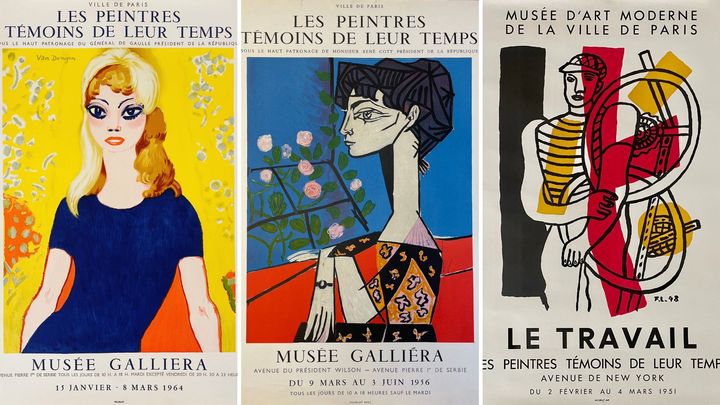 Affiches qui ont permis d'illustrer le Salon des peintres témoins de leur temps de 1951 à 1982. De gauche à droite : Kees Van Dongen en 1964, Pablo Picasso en 1956 et Fernand Léger en 1951 (© ADAGP, Paris 2023 / Succession Picasso 2023)