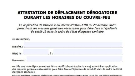 La nouvelle attestation de déplacement pendant le couvre-feu, à partir du&nbsp;2 janvier 2021. (MINISTÈRE DE L'INTÉRIEUR)