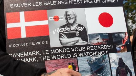 A man holds a sign calling for the release of Paul Watson, during a rally in Paris, October 2, 2024. (VALERIE DUBOIS / HANS LUCAS / AFP)