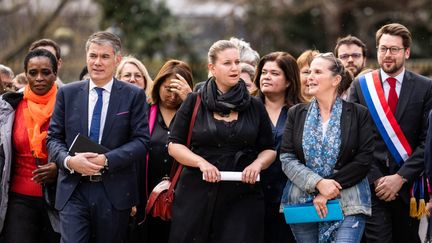 Olivier Faure, Mathilde Panot et Caroline Fiat à Paris, le 20 mars 2023. (XOSE BOUZAS / HANS LUCAS / AFP)