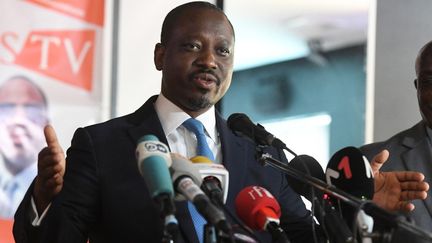 L'ancien président de l'Assemblée nationale de Côte d'Ivoire, Guillaume Soro, le 15 février 2019 à Abidjan, la capitale économique ivoirienne, lors du lancement de son mouvement, le "Comité politique".&nbsp; (ISSOUF SANOGO / AFP)