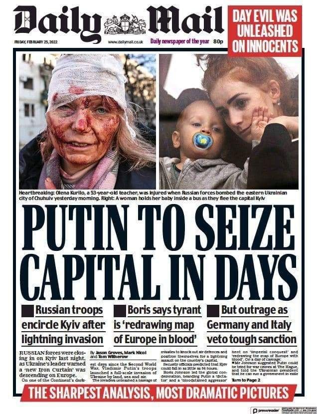 La une du quotidien britannique "Daily Mail" du vendredi 25 février 2022. (DAILY MAIL)