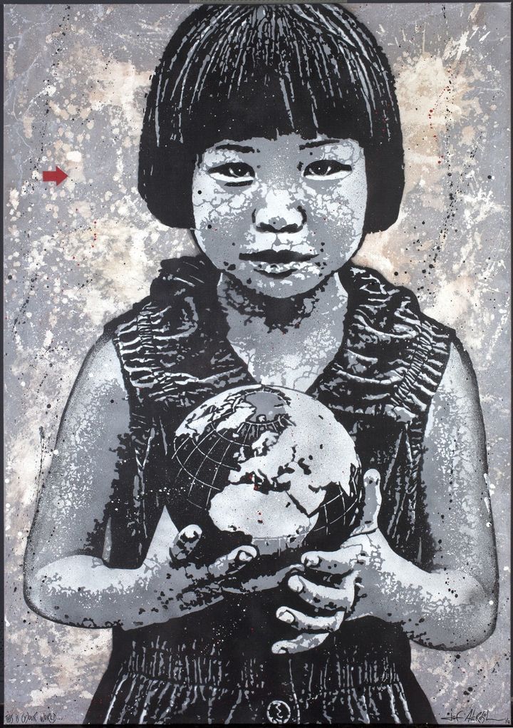 Jef Aerosol "This world is (y)ours world", technique mixte sur toile, 2014
 (Jeff Aerosol, Collection du Musée d&#039;art moderne et contemporain de la Palestine)