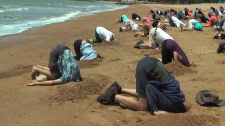 Des manifestants mettent la tête dans le sable, le 21 septembre 2014 sur la plage de Townsville (Australie), pour dénoncer la politique de l'autruche face au réchauffement climatique. (CRANKY CURLEW / VIMEO)