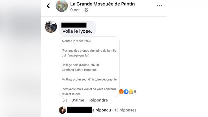 Commentaire de la vidéo postée le 9 octobre sur la page Facebook de la grande mosquée de Pantin, donnant l'identité de Samuel Paty et le nom du collège où il enseignait. (CAPTURE D'ÉCRAN)