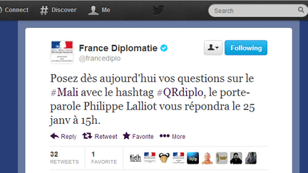 Capture d'&eacute;cran du fil Twitter du minist&egrave;re des Affaires &eacute;trang&egrave;res, le 25 janvier 2013. (FRANCETV INFO)