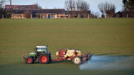 Un agriculteur traite son champ avec des pesticides, non loin d'habitations. (photo d'illustration) (REMY GABALDA / AFP)