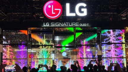 Les écrans OLED T font la démonstration de leur transparence sur le stand LG au CES 2024 à Las Vegas. (BENJAMIN VINCENT / RADIO FRANCE / FRANCEINFO)