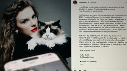 Publication Instagram en soutien à l'élection de Kamala Harris et de Tim Walz pour les présidentielles américaines, postée par Taylor Swift le 10 septembre 2024. (PEDRO UGARTE / AFP)