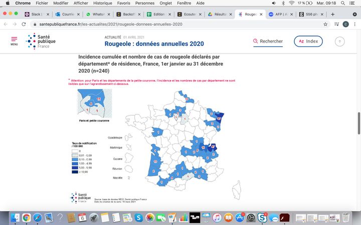 Incidence cumulée et nombre de cas de rougeole déclarés par département* de résidence, France, 1er janvier au 31 décembre 2020 (n=240) (CAPTURE D'ECRAN/ SANTE PUBLIQUE FRANCE)