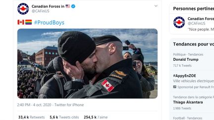 Capture d'écran d'un message du compte Twitter de l'armée canadienne aux Etats-Unis, publié le&nbsp;4 octobre 2020. (TWITTER / FRANCEINFO)