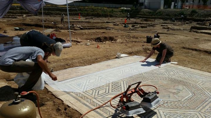 Mosaïque de 13m² parfaitement conservée, découverte à Sainte-Colombe dans le Rhône. Elle fait partie de la "mini Pompéi". (Céline Loizeau / RADIOFRANCE)