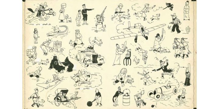 Hergé, planche qui présente Tintin dans 34 situations et qui servait de page de garde aux albums publiés de 1937 à 1958. Elle a atteint un prix record à Paris le 24 mai 2014
 (Hergé / Artcurial)