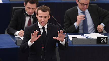 Emmanuel Macron s'exprime devant le Parlement eurpoéen, le 17 avril 2018. (FREDERICK FLORIN / AFP)