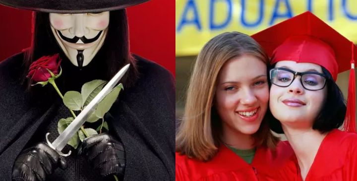 À gauche, « V » le personnage principal de V pour Vendetta. À droite, Thora Birch et Scarlett Johansson qui interprètent respectivement&nbsp;Enid Coleslaw et&nbsp;Rebecca Dopple-Meyer, les deux collégiennes de&nbsp;Ghost World. (Silver Pictures, Warner Bros / United Artists)