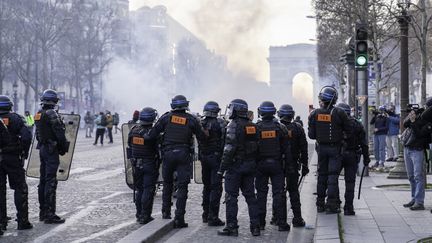 Près de 7200 policiers et gendarmes ont été mobilisés samedi 12 février pour maintenir l'ordre face aux "convois de la liberté" dans Paris. (CLAIRE SERIE / HANS LUCAS VIA AFP)