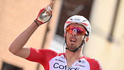 Christophe Laporte (ici sur le Circuit de Wallonie) est le premier leader du Tour du Limousin, le 17 août 2021. (DAVID STOCKMAN / BELGA MAG / AFP)