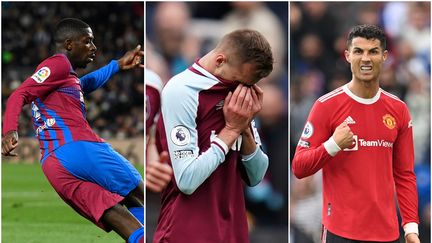 Ousmane Dembélé (FC Barcelone), Andriy Yarmolenko (West Ham) et Cristiano Ronaldo (Manchester United), vedettes du week-end de football européen du 12 et 13 mars 2022. (Josep Lago / AFP - John Walton / PA Wire / PA Images via MaxPPP - Paul Ellis / AFP)