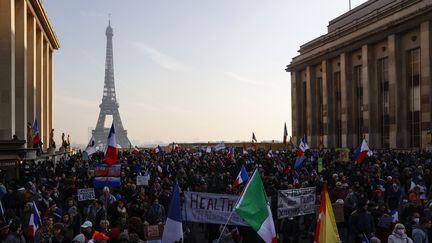 Un cortège contre le pass sanitaire au Trocadéro, le 15 janvier 2022 à Paris, à l'initiative&nbsp;du mouvement Les Patriotes&nbsp;de Florian Philippot. (GEOFFROY VAN DER HASSELT / AFP)