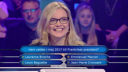 Une candidate répond à une question sur Emmanuel Macron, dans une édition de "Qui veut gagner des millions" diffusée à la télévision suédoise, le 5 janvier 2018 (TV4)