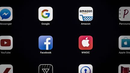 Des applications Google, Amazon, Facebook et Apple (Gafa) sur une tablette, en avril 2018.&nbsp; (LIONEL BONAVENTURE / AFP)