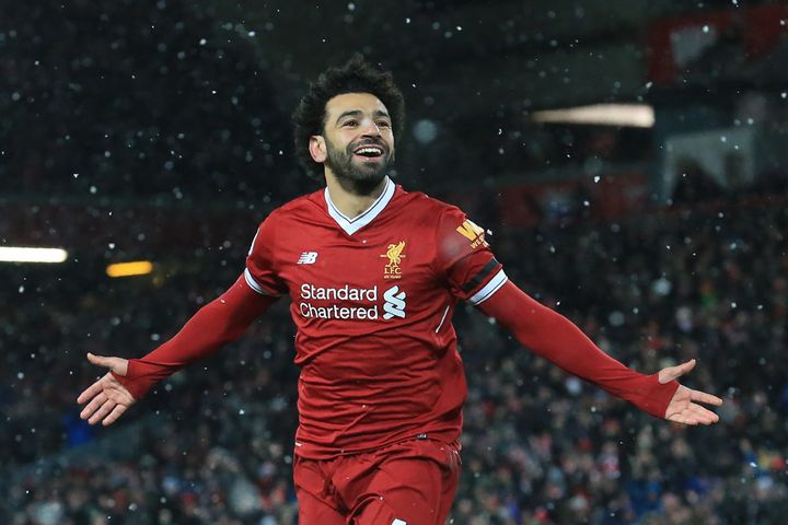 Mohamed Salah radieux après avoir marqué un but sous les couleurs du FC Liverpool, le 17 mars 2018 à Anfield, le stade des Reds
 (Lindsey Parnaby / AFP)