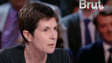 Christine Angot s'est emportée sur le plateau de l'Émission politique face à François Fillon le 24 mars.&nbsp; (Brut)