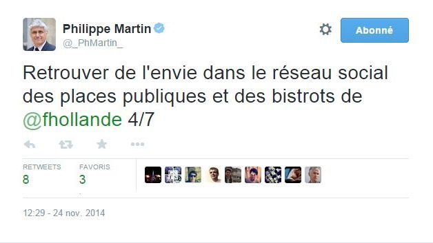 Capture d'&eacute;cran d'un des derniers tweets de Philippe Martin, d&eacute;put&eacute; PS du Gers, le 24 novembre 2014. (PHILIPPE MARTIN / TWITTER)