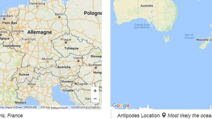 En creusant un trou à Paris, vous atterrissez en plein océan Pacifique à l'est de la Nouvelle Zélande. (ANTIPODESMAPS.COM)