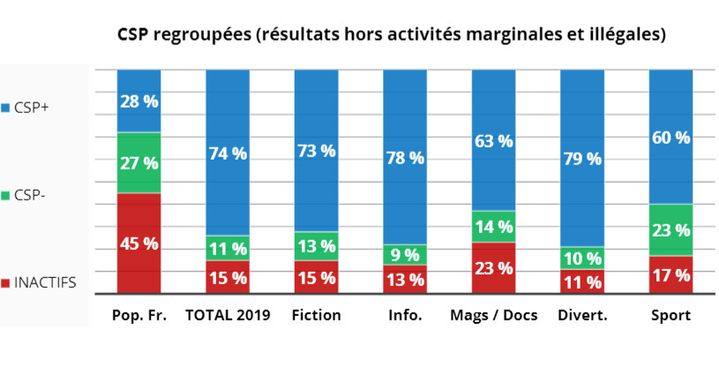 Représentation de la CSP par type de programme étudié par le CSA&nbsp;pour le baromètre 2019 de la diversité. (CONSEIL SUPERIEUR DE L'AUDIOVISUEL / FRANCEINFO)