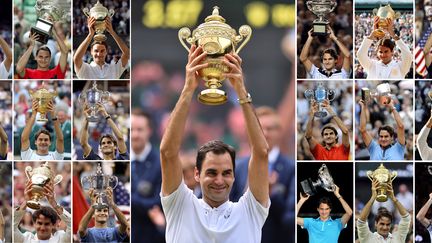 Une combinaison de photographies créées à Wimbledon montre le Suisse Roger Federer brandissant le trophée pour chacun ses dix-neuf titres (sur vingt) du Grand Chelem en simple messieurs.&nbsp; (STF / AFP)