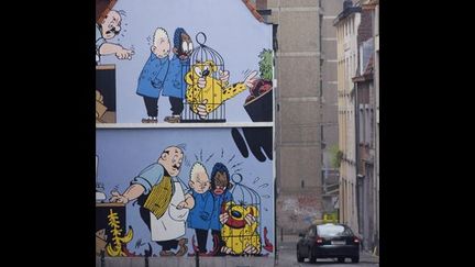 Fresque murale de Jijé à Bruxelles, représentant Blondin et Cirage
 (Jacques Loïc / AFP)