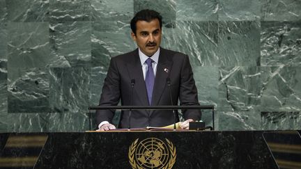 L'émir du Qatar&nbsp;Cheikh Tamim ben Hamad Al-Thani lors de la 77e session de l'Assemblée général des Nations unies, à New York, le 20 septembre 2022. (ANNA MONEYMAKER / GETTY IMAGES NORTH AMERICA via AFP)