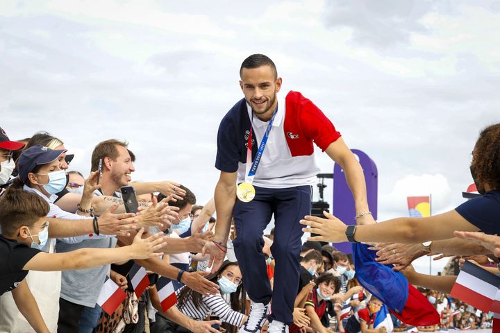 Olympic karate champion Steven da Costa attends a big party organized by Paris 2024 during the return of the French delegation from the Tokyo Games on August 9, 2021.  (AGENCY KMSP / AFP)