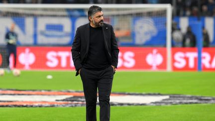 Gennaro Gattuso, entraîneur de l'OM, avant une rencontre européenne contre l'Ajax Amsterdam, le 19 février 2024 au Vélodrome. (NICOLAS TUCAT / AFP)