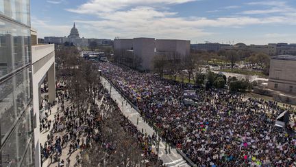 Le défilé&nbsp;pour une plus stricte réglementation des armes à feu organisé le samedi 24 mars 2018 à Washington, vu depuis le toit du Newseum qui surplombe la ville. (ALEX EDELMAN / AFP)