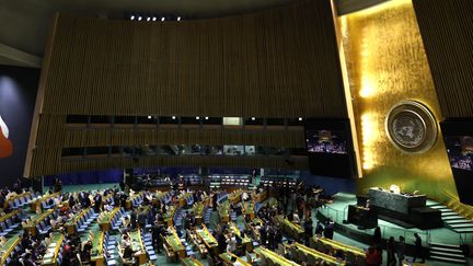 Les délégués des états signataires du&nbsp;traité sur la non-prolifération des armes nucléaires lors de négociations au siège des Nations unies à New York (Etats-Unis), le 26 août 2022. (JOHN LAMPARSKI / NURPHOTO / AFP)